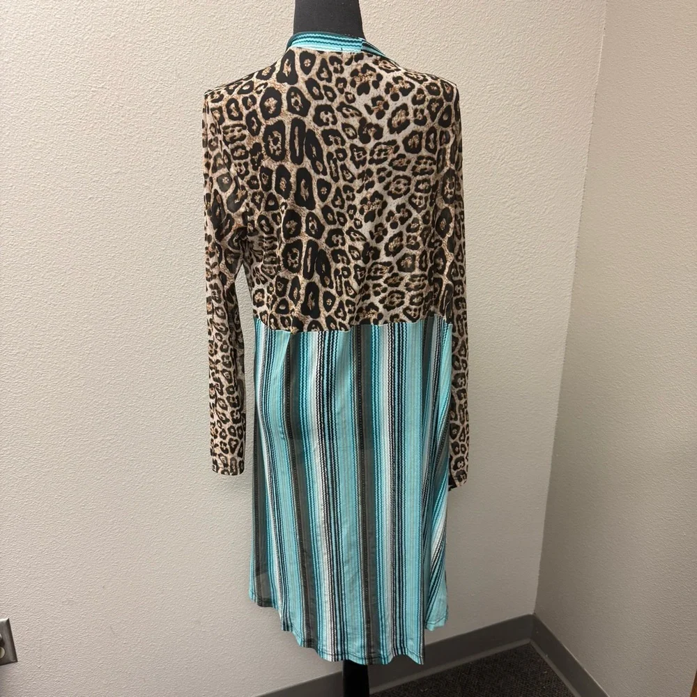 Crazy Train Leopard Serape Cardigan L Teal Western Boho Duster Open Front - Picture 4 of 7